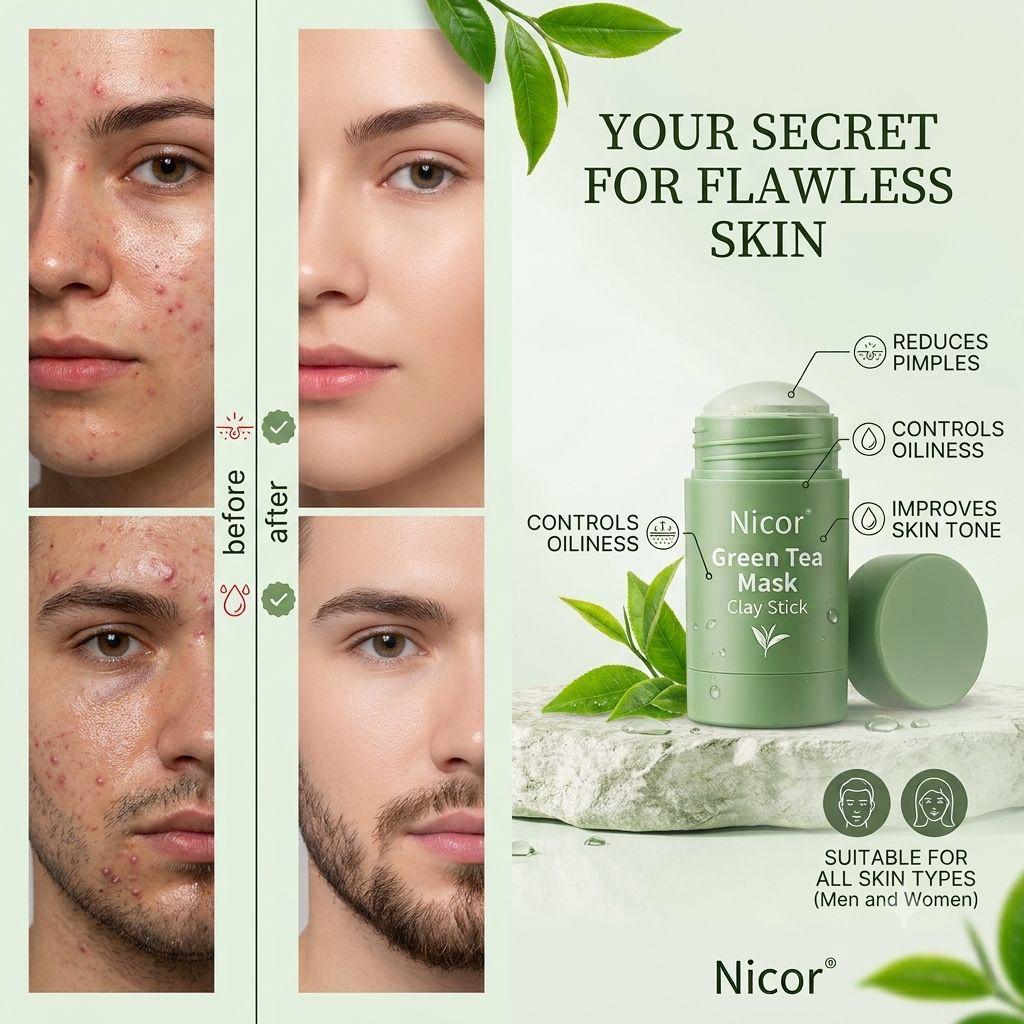 Nicor Cleansing Green Tea Mask Clay Stick Oil Control Anti-Acne Whitening Seaweed Mask Skin Care